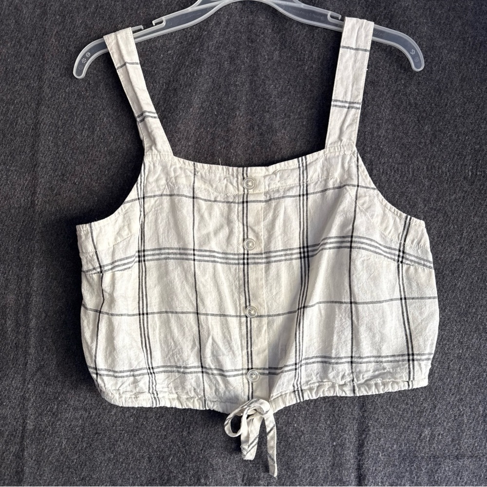 Women’s Medium Linen Blend Crop Top Plaid Coquette Preppy Milkmaid Beige